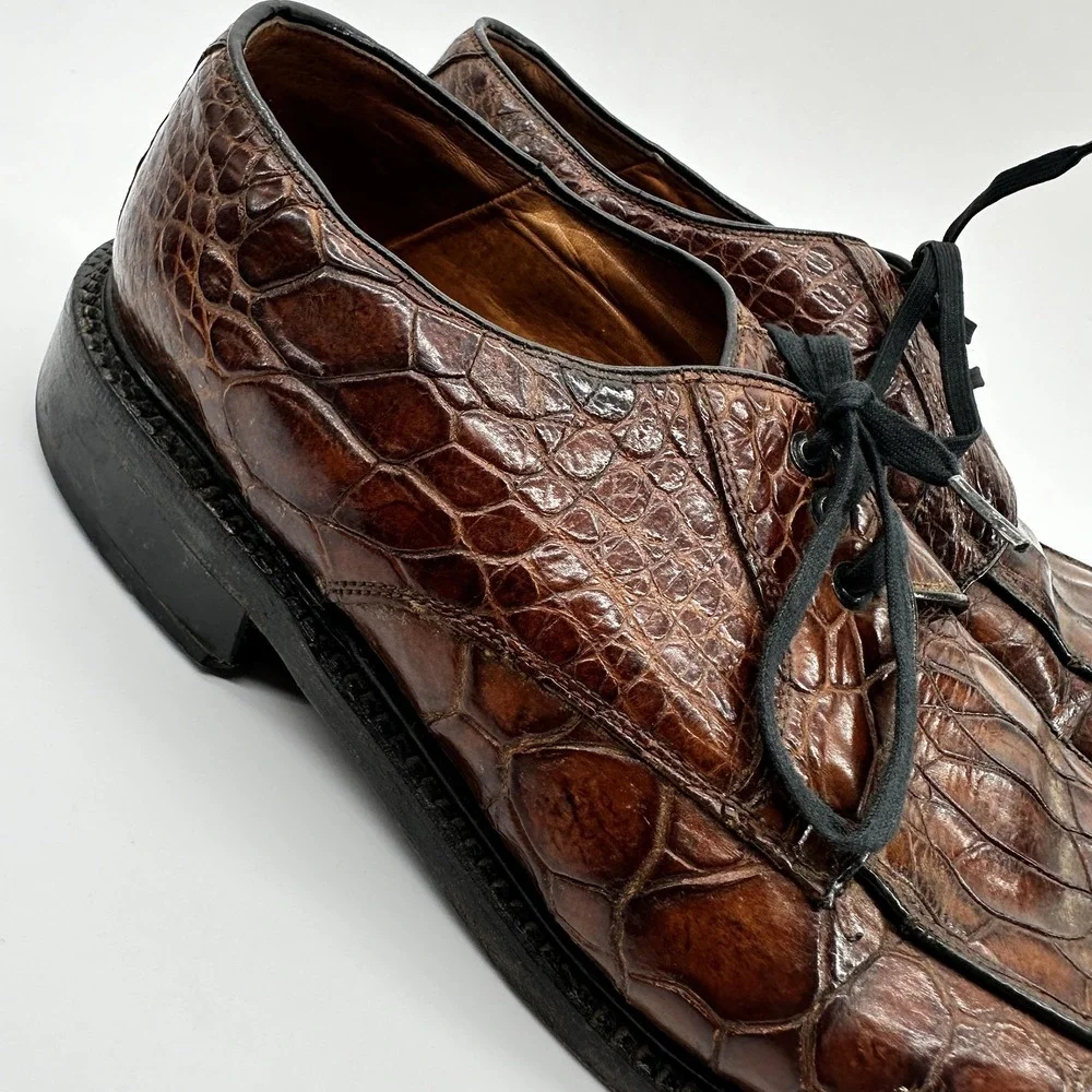 Vintage Dover Crocodile Derby Dress Shoes Mens EU 38.5 US 6 Brown Exotic Leather